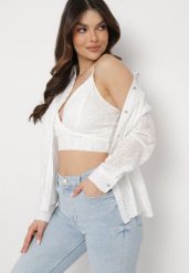 Biała Bawełniana Koszula Ażurowa z Topem na Cienkich Ramiączkach Leassen. Białe koszule damskie Born2be, m, w ażurowe wzory, z bawełny, boho, bez kołnierzyka, bez ramiączek. Za 109.99 zł.