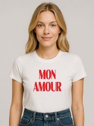 WOOOP Koszulka "Mon Amour" w kolorze kremowym rozmiar: XXL. Brązowe koszulki damskie Wooop, xxl, bez wzorów, z bawełny, bez kołnierzyka, bez ramiączek. Za 56.99 zł.