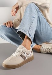 Beżowe Sneakersy Ozdobione Geometrycznym Motywem w Krowie Łaty Benike. Brązowe obuwie sportowe damskie Renee, na lato, z jeansu, bez zapięcia. Za 89.99 zł.