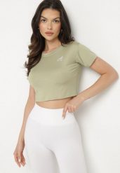Jasnozielony T-shirt Crop Top Ozdobiony Literką Koliviela. Zielone t-shirty damskie Born2be, l, z aplikacjami, z jeansu, bez kołnierzyka. Za 29.99 zł.