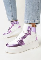 Biało-Fioletowe Sneakersy na Grubej Płaskiej Podeszwie z Cholewką za Kostkę Ozdobione Brokatem i Metalicznymi Wstawkami Byreli. Białe obuwie sportowe damskie Born2be, za kostkę, bez zapięcia. Za 54.99 zł.