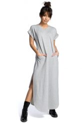 Długa komfortowa sukienka z rozcięciami. Brązowe sukienki damskie Sukienki.shop, bez wzorów, z bawełny, eleganckie, bez ramiączek. Za 139.00 zł.