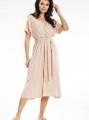 Sukienka Model A642 Beige - awama. Brązowe sukienki damskie Awama, bez wzorów, z elastanu, biznesowe, bez ramiączek. Za 340.97 zł.