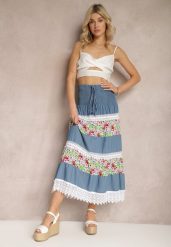 Biało-Niebieska Jeansowa Bawełniana Spódnica High Waist z Gumką w Talii i Ozdobną Koronką Tesaquin. Białe spódnice damskie Renee, na lato, l, bez wzorów, z bawełny, maxi. Za 49.99 zł.