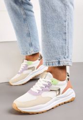 Beżowo-Fioletowe Sneakersy na Płaskiej Podeszwie ze Sznurowaniem i Materiałowymi Wstawkami Haretta. Brązowe obuwie sportowe damskie Renee, z materiału, bez zapięcia. Za 89.99 zł.