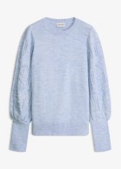 Sweter w ażurowy wzór. Niebieskie swetry klasyczne damskie bonprix, bez kołnierzyka. Za 107.99 zł.