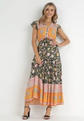 Czarno-Pomarańczowa Sukienka Maxi z Wiskozy w Stylu Boho Larres. Brązowe sukienki damskie Born2be, z aplikacjami, z wiskozy, boho, bez ramiączek. Za 119.99 zł.