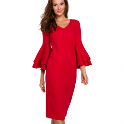Sukienka na wesele elegancka midi z bufiastymi rękawami czerwona. Czerwone sukienki damskie Makover, bez wzorów, eleganckie, bez ramiączek. Za 289.00 zł.