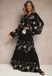 Czarny Wiskozowy Komplet Boho z Koszulą o Nietoperzowym Kroju i Spódnicą Separia. Czarne koszule damskie Renee, l, z aplikacjami, z materiału, boho, bez kołnierzyka, bez ramiączek. Za 169.99 zł.