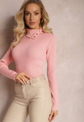 Różowy Golf z Prążkowanej Dzianiny z Nitami Itagi. Czerwone golfy damskie Renee, z aplikacjami, z dzianiny, bez ramiączek. Za 69.99 zł.