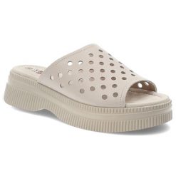 Klapki damskie S. Barski, na grubej podeszwie z miękkimi wkładkami dziurowane, beżowe, LR51-537. Brązowe klapki damskie S.BARSKI, bez wzorów, bez obcasa, bez zapięcia. Za 149.00 zł.