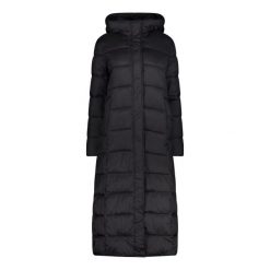 Długa kurtka puchowa z kapturem dla kobiet z efektem błyszczącym CMP. Czarne kurtki damskie CMP, bez wzorów, z puchu, z kapturem. Za 598.10 zł.