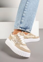 Beżowe Sneakersy na Grubej Tłoczonej Podeszwie z Perforacją i Panterką Odivila. Brązowe obuwie sportowe damskie Born2be, z jeansu, bez zapięcia. Za 89.99 zł.