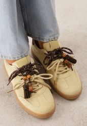 Żółte Sneakersy Typu Klasyczne Tenisówki Retro z Podwójnym Wiązaniem z Frędzlami Kotena. Żółte trampki damskie Renee, bez wzorów, z jeansu, bez zapięcia. Za 99.99 zł.