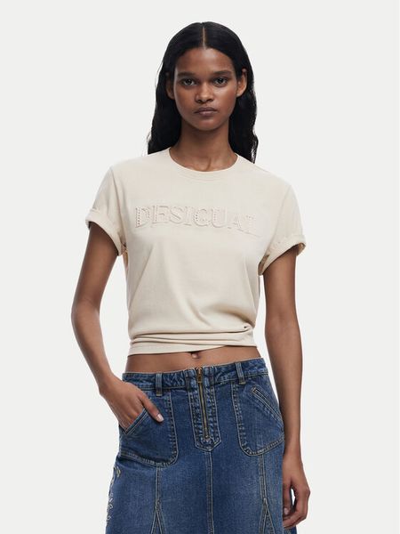 Desigual T-Shirt Brandy 25SWTK17 Écru Regular Fit. Brązowe t-shirty damskie Desigual, s, bez wzorów, z bawełny, bez kołnierzyka. Za 109.99 zł.