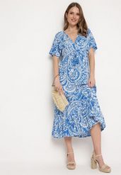 Niebieska Sukienka W stylu Boho z Gumką w Pasie i Chwostami Wornima. Niebieskie sukienki damskie Born2be, bez wzorów, boho, bez ramiączek. Za 119.99 zł.