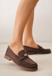 Ciemnobrązowe Mokasyny VICES z Wkładką ze Skóry Naturalnej i Metaliczną Aplikacją Nanora. Brązowe mokasyny damskie Born2be, z jeansu, bez obcasa. Za 89.99 zł.