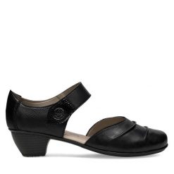 Półbuty Rieker. Czarne czółenka damskie Rieker, bez wzorów, bez obcasa, na obcasie. Za 299.99 zł.
