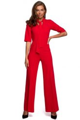 Kombinezon z Wiązaniem - Czerwony. Czerwone kombinezony damskie MOE, l, bez wzorów, z elastanu, eleganckie, bez kołnierzyka, bez ramiączek. Za 288.90 zł.