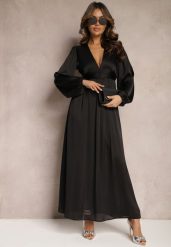 Czarna Gładka Sukienka Maxi o Rozkloszowanym Kroju z Luźnymi Rękawami i Trójkątnym Dekoltem Biswas. Czarne sukienki damskie Renee, bez wzorów, z tkaniny, eleganckie, bez ramiączek. W wyprzedaży za 151.99 zł.