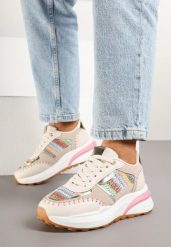 Beżowo-Różowe Sneakersy na Grubej Podeszwie Zdobione Plecionką Ninidala. Brązowe obuwie sportowe damskie Born2be, z jeansu, bez zapięcia. Za 109.99 zł.
