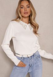 Biały Sweter z Wiskozą z Ozdobnym Kołnierzykiem Avlinda. Białe swetry klasyczne damskie Renee, z dzianiny, bez kołnierzyka. Za 119.99 zł.