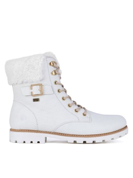 Remonte Trzewiki D8481-80 Biały. Białe botki damskie Remonte, ze skóry, bez obcasa, na płaskiej podeszwie, bez zapięcia. Za 370.99 zł.