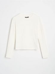 Koszulka z długimi rękawami w stylu basic - kremowy. Białe koszulki damskie Sinsay, l, bez wzorów, bez kołnierzyka, bez ramiączek. Za 17.99 zł.