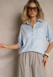 Jasnoniebieska Koszula Oversize Wiskozowo-Lniana z Kieszonką Lialenea. Niebieskie koszule damskie Renee, m, bez wzorów, z jeansu, biznesowe, bez kołnierzyka, bez ramiączek. Za 49.99 zł.