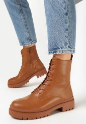 Brązowe Botki Workery z Wiązaniem Littosa. Brązowe botki damskie Born2be, bez obcasa, na płaskiej podeszwie, bez zapięcia. Za 109.99 zł.