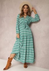 Zielona Sukienka Rozkloszowana z Gumką w Pasie Kefem. Zielone sukienki damskie Renee, bez wzorów, z materiału, boho, bez ramiączek. W wyprzedaży za 91.99 zł.