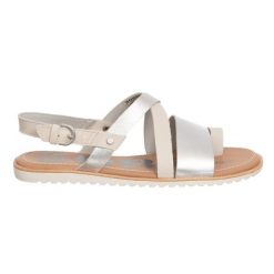 Sorel casual sandały ze skóry naturalnej srebrne, z klamrą. Szare sandały damskie Sorel, bez wzorów, z materiału, bez obcasa, bez zapięcia. Za 346.99 zł.
