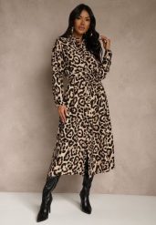 Panterkowa Sukienka z Wiskozą o Koszulowym Kroju z Wiązaniem Saros. Sukienki damskie Renee, bez wzorów, z tkaniny, bez ramiączek. Za 109.99 zł.