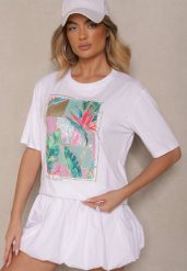 Biały T-shirt z Bawełny Ozdobiony Brokatem Isadelle. Białe t-shirty damskie Renee, m, bez wzorów, z bawełny, bez kołnierzyka. Za 39.99 zł.