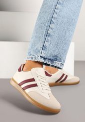 Beżowo-Bordowe Sneakersy Typu Kultowe Tenisówki Zdobione Przeszyciami Remiana. Brązowe obuwie sportowe damskie Renee, z aplikacjami, z jeansu, bez zapięcia. Za 39.99 zł.