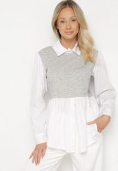 Szara Rozkloszowana Bluzka Koszulowa z Wiskozą z Wszytą Kamizelką z Cyrkoniami Uliaviela. Szare bluzki damskie Born2be, bez wzorów, z jeansu, eleganckie, bez kołnierzyka, bez ramiączek. Za 84.99 zł.