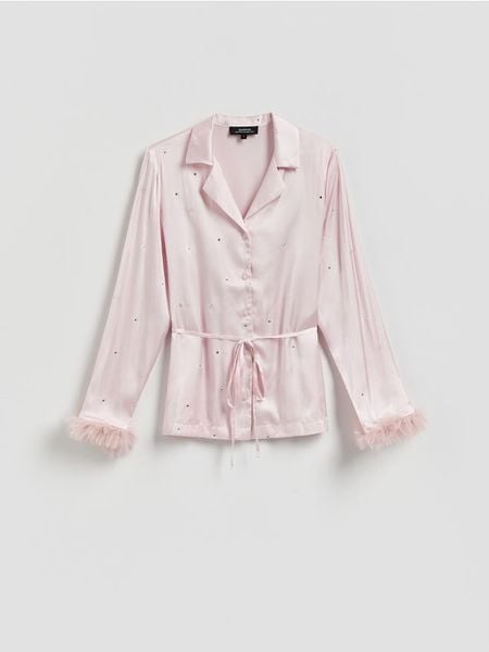 Koszula ze strasem - pastelowy róż. Czerwone koszule damskie Reserved, l, bez wzorów, z tkaniny, bez kołnierzyka, bez ramiączek. Za 159.99 zł.