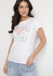 Biały Bawełniany T-shirt z Sercem i Napisem Olirwenna. Białe t-shirty damskie Born2be, m, bez wzorów, z bawełny, bez kołnierzyka. Za 34.99 zł.
