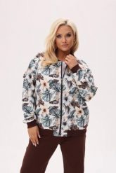 Kurtka bomberka Tropikalna Natura we wzór egzotycznych roślin z brązowymi ściągaczami PLUS SIZE XXL OVERSIZE JESIEŃ. Brązowe kurtki damskie Moda Size Plus Iwanek, na jesień, plus size, bez wzorów, z bawełny, bez kaptura. Za 269.90 zł.