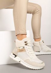 Beżowe Sneakersy z Futrem Metaliczną Wstawką i Brokatowym Połyskiem Saliwenna. Brązowe obuwie sportowe damskie Born2be, z futra, bez zapięcia. Za 129.99 zł.