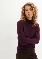 Sweter z cienkiej dzianiny z bawełną z recyklingu. Czarne golfy damskie bonprix, bez wzorów, z bawełny, bez ramiączek. Za 64.99 zł.
