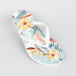Japonki damskie Olaian 120 Tropical. Białe klapki damskie OLAIAN, bez wzorów, bez obcasa, bez zapięcia. Za 24.99 zł.