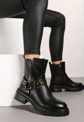 Czarne Casualowe Botki Ozdobione Paskami z Klamrami i Nitami Nialithea. Czarne botki damskie Born2be, z jeansu, rockowe, bez obcasa, na obcasie, bez zapięcia. Za 139.99 zł.