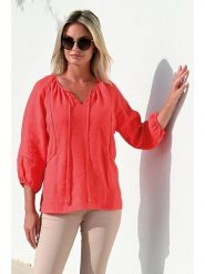 Bleu d'Azur Lniana bluzka "Shanti" w kolorze koralowym rozmiar: 36/38. Czerwone bluzki damskie Bleu d'Azur, w ażurowe wzory, ze lnu, klasyczne, bez kołnierzyka, bez ramiączek. Za 100.52 zł.