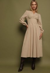 Beżowa Sukienka z Wiskozą o Kroju z Gorsetową Talią i Bufiastymi Rękawami Aniste. Brązowe sukienki damskie Born2be, bez wzorów, z poliesteru, eleganckie, bez ramiączek. Za 139.99 zł.