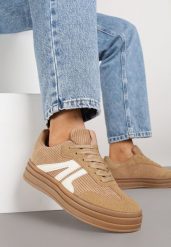 Ciemnobeżowe Sneakersy w Stylu Tenisówek na Grubej Podeszwie z Geometrycznym Wzorem Wevirra. Brązowe obuwie sportowe damskie Born2be, bez zapięcia, tenisowe. Za 89.99 zł.