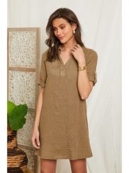 Lin Passion Lniana sukienka w kolorze beżowym rozmiar: 40/42. Brązowe sukienki damskie Lin Passion, bez wzorów, ze lnu, klasyczne, bez ramiączek. Za 113.99 zł.