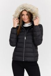 TOMMY JEANS Czarna damska kurtka z futrem. Czarne kurtki damskie Tommy Jeans, s, bez wzorów, z futra, bez kaptura. W wyprzedaży za 522.99 zł.