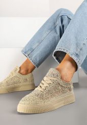 Złote Sneakersy z Ażurowej Koronki na Grubej Podeszwie Nanessia. Żółte obuwie sportowe damskie Renee, z koronki, bez zapięcia. Za 49.99 zł.
