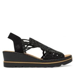 Sandały Rieker. Czarne sandały damskie Rieker, bez wzorów, bez obcasa, na koturnie, bez zapięcia. Za 349.99 zł.